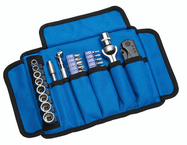 Motorcycle tool kit, pro compact, black, laid out